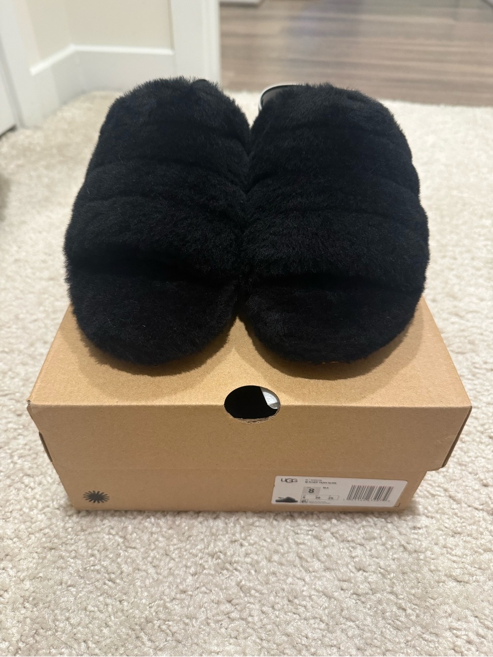 UGG Woman Black Faux-Shearling Slide Sandals with Logo Strap - Picture 2 of 5